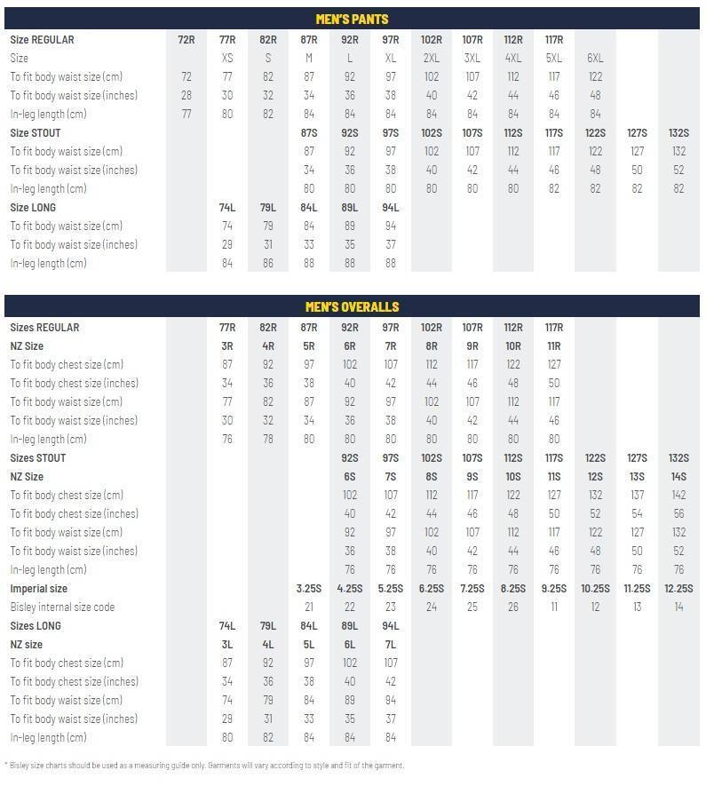 Bisley Size Chart