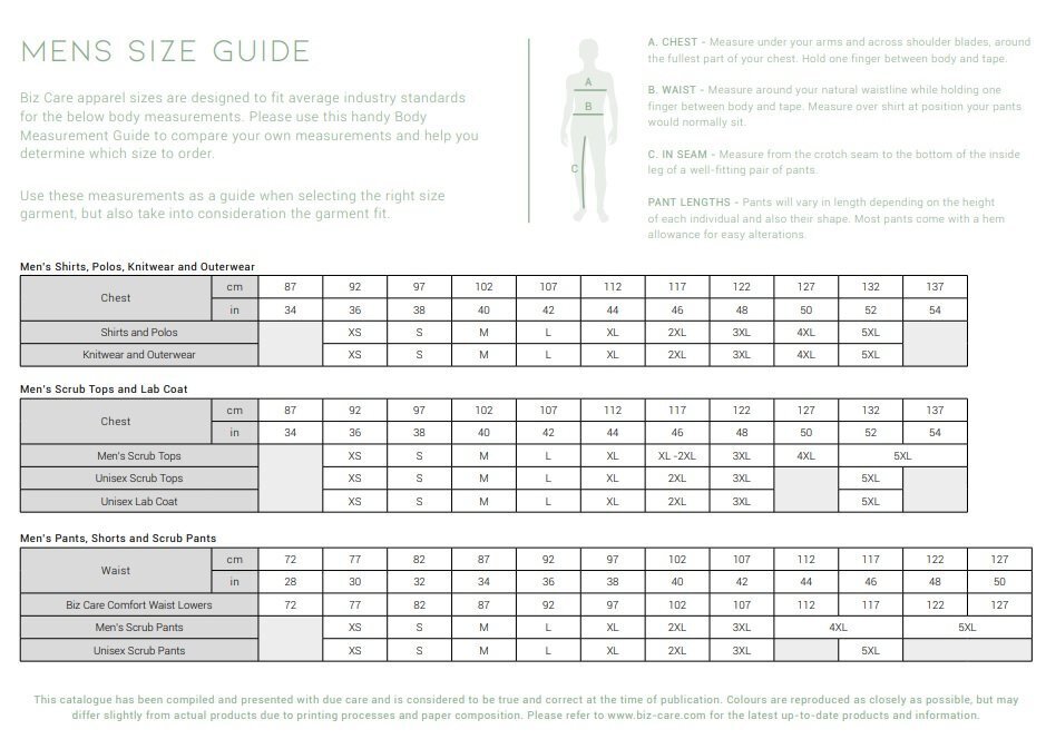 Biz Care Mens Size Chart