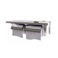 Stainless steel twin toilet roll holder with shelf