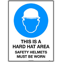 This is a Hard Hat Area Safety Helmets Must be Worn Mining Safety Sign 200mm Disc Self Adhesive